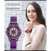 Женские часы Flower Diamond с вращающимся циферблатом фиолетовые и каучуковым ремнем на магнитной застежке 