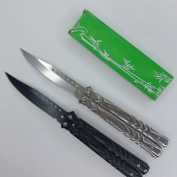 Нож бабочка 21 см: Черно и серебристый с орнаментом колоса, клинок в виде кинжала 